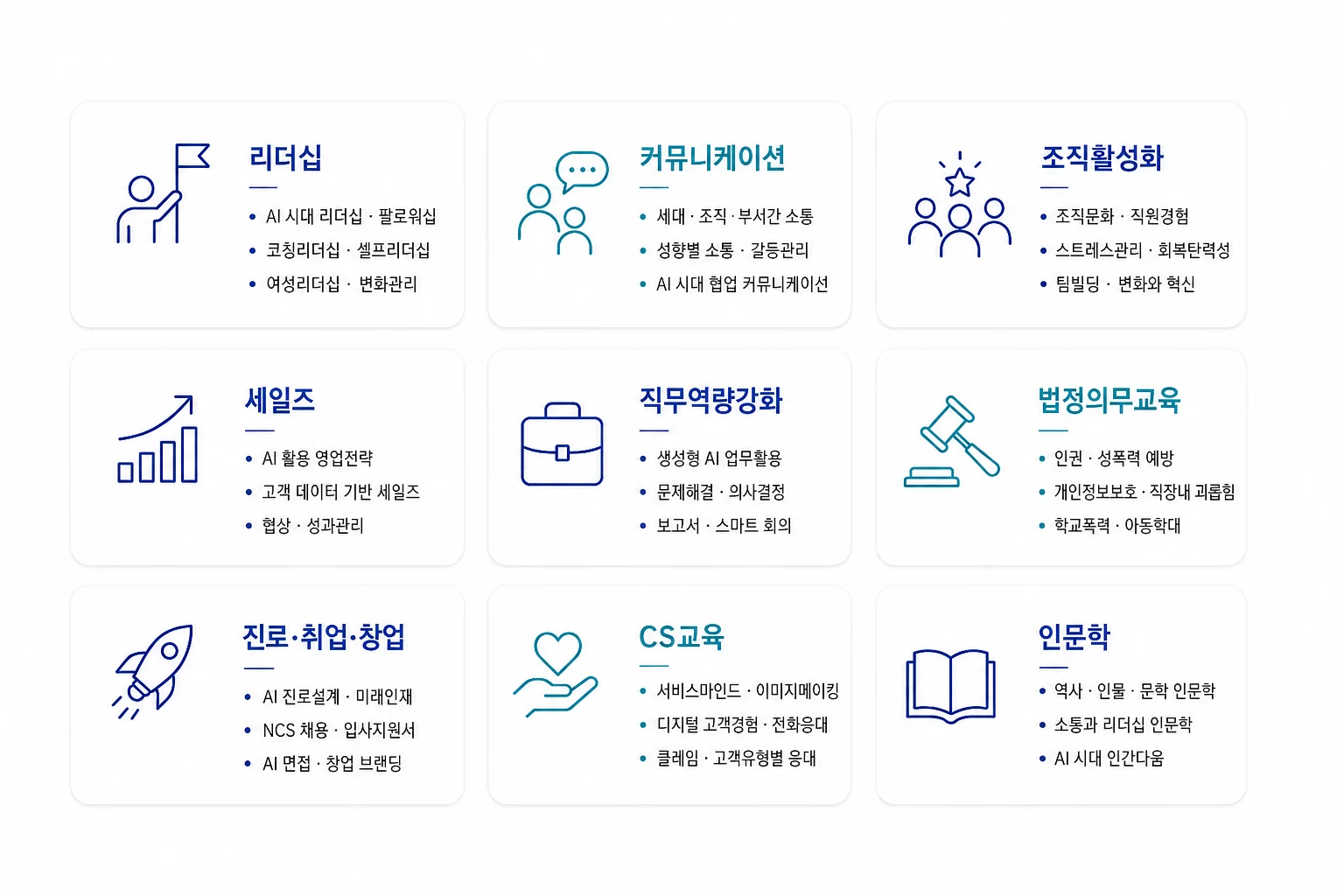 위워크컴퍼니 교육 프로그램 — 리더십, 커뮤니케이션, 조직활성화, 세일즈, 직무역량강화, 법정의무교육, 진로·취업·창업, CS교육, 인문학